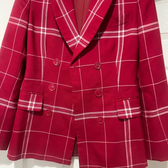 Moschino 90s Dishcloth Double Breasted Tailored Red Plaid Blazer Size 4 - Picture 3 of 12